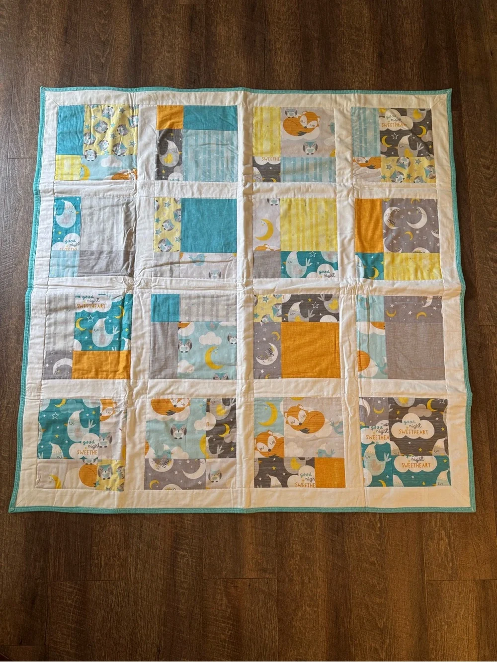 Handmade Baby Quilt in Teal, Mustard & Gray 44” x 44”